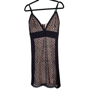 Just Me Navy Blue and Nude Dress with a Crocheted Overlay. Size M.